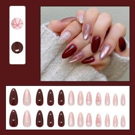 24 Pcs Press on Nails Short Almond Cat's Eye Nail Tips,YEFIUO Acrylic Nail Kit Wine Red Fake Nails Press ons Glue on Nails Full Cover Reusable Fall Bow Glitter False Nails Stick on Nails Art for Ma'am