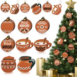 Soulchen 24 Pcs Christmas Mexican Ornaments Bulk Wooden Feliz Navidad De Barro Clay Pottery Cups Brown and White Talavera Hanging Mexican Decorations for Christmas Tree Fiesta Party, 8 Styles