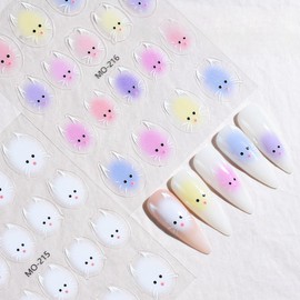Cute Cat Nail Sticker Nail Stickers, 5D, 2 Pieces, Nail Art, Cute Stickers, Nail Faces, Smartphone Cases, DIY Handmade Items, Ideal for Beginners (White + Color)