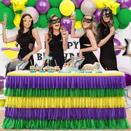 Mardi Gras Party Table Skirt Yellow Green Purple Table Skirts Mardi Gras Decorations for Carnival Masquerade Parade Party 14ft