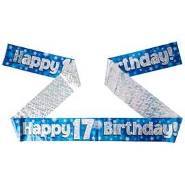 OakTree 624788" Happy 17th Birthday Foil Holographic Banner, Blue, 9 ft