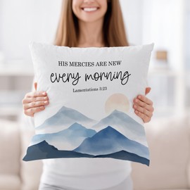 FOPENEM Bible Verse Throw Pillow 18x18 – “His Mercies are New Every Morning” Lamentations 3:23 – Mountain Sunrise Christian Pillow Cover for Home or Bedroom