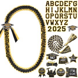 Moerstar Graduation Ribbon Leis Class of 2025 DIY Grad Lei Money Leis Set with Braided Necklace Honor Cords Embroidery Accessories for Graduation Gift Party Decorations (Black)