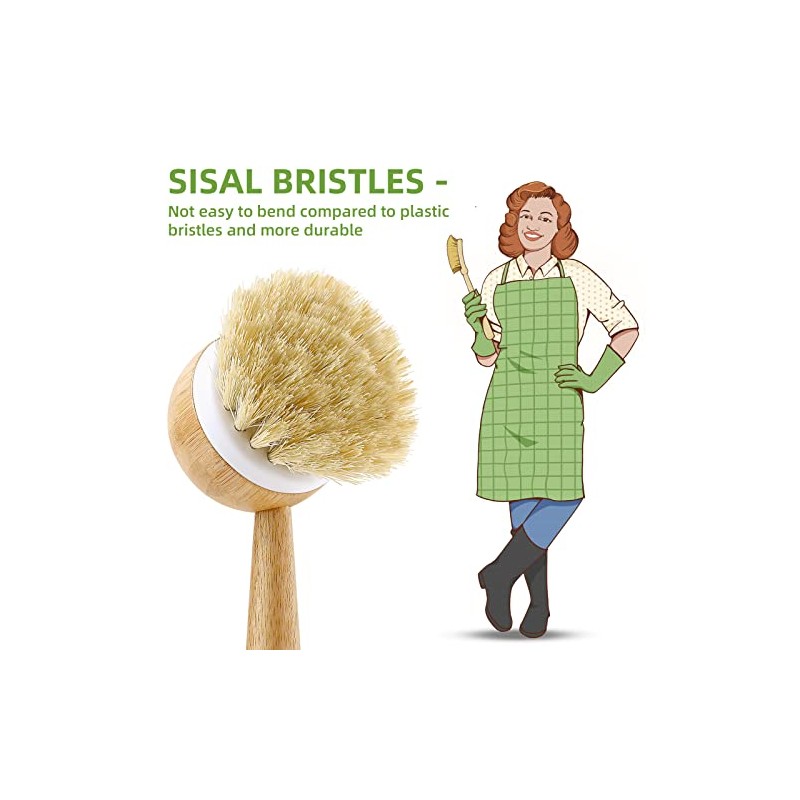 SUBEKYU Dish Brush with Handle, Natural Bamboo Dish Scrubber Brush,