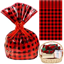Zonon 20 Pcs Valentine Cellophane Bags Christmas Basket Bags Printed Cellophane Wrap Clear Basket Bags Large Cellophane Bags for Baskets, Weddings, Bridal or Baby Showers (Red and Black Plaid)