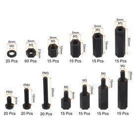 MECCANIXITY 260pcs M3 Nylon Standoffs Kit, Male Female Nylon Hex Spacer Standoffs Screws Nuts Assortment Kit for PCB Motherboard RC FPV Drone Quadcopter, Black