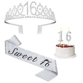 Sweet 16 Party Decorations for Girls with Sweet 16 Sash Silver, Rhinestone 16th Birthday Tiara, 16 Candles Silver, 16th Birthday Gifts for Girls