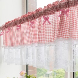 Huierxun Pink and White Buffalo Check Plaid Window Valances Floral Lace Semi Sheer Kitchen Curtain Farmhouse Gingham Curtains Rod Pocket Valances for Living Room (Pink A,59"x18")