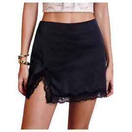 MakeMeChic Women's Lace Trim Satin Mini Skirt Split Hem Bodycon Short Skirts Black Medium