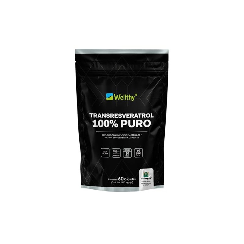 Wellthy Transresveratrol Puro 60 Cápsulas. Resveratrol de alta biodisponibilidad, 1000mg