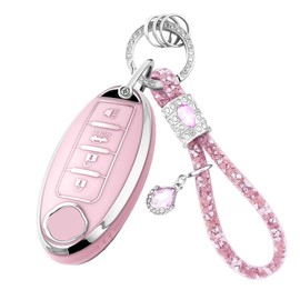 for Nissan Key Fob Cover with Bling Keychain,Soft TPU Key Case Shell Compatible with Altima Rogue Sentra,4 Buttons Smart Key Case,Pink