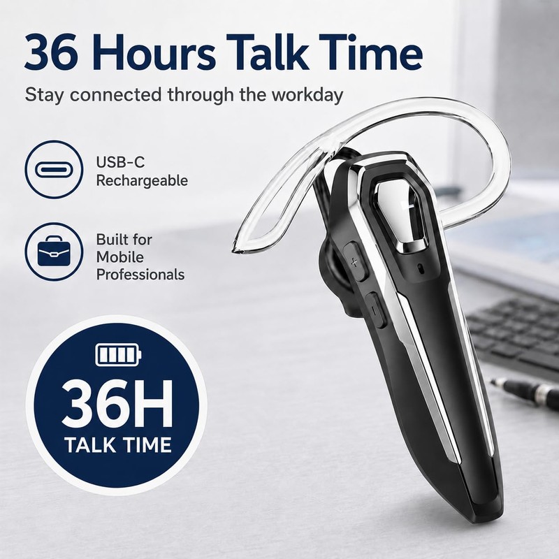 Sellwell Sliver Bluetooth Earpiece with Mic, Mono Wireless Headset, 30H