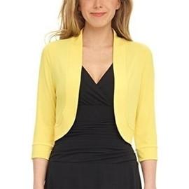 Womens 3/4 Sleeve Cropped Bolero Open Front Short Shrugs for Dresses Coat Solid Color Short Sweater Jackets, A-Yellow