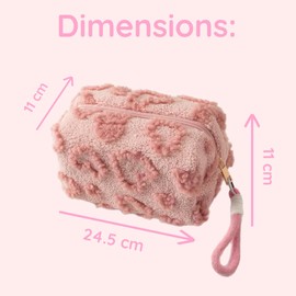 Plush Pink Cosmetic Case with Heart Pattern, Furry Texture, Wrist Strap