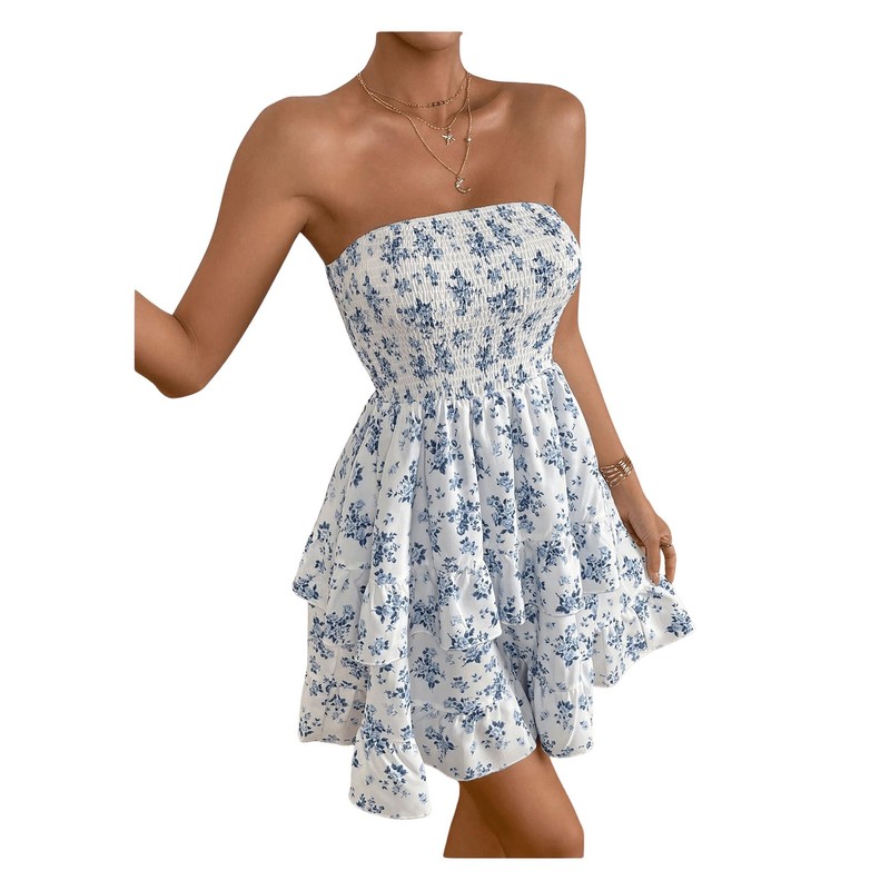 WDIRARA Women's Floral Print Ruffle Hem Tiered Layer Backless Shirred