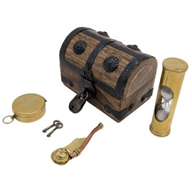 Handmade Wooden Pirate Treasure Chest with Lock & Key - Includes Nautical Accessories: Compass, Captain's Whistle, Hourglass (XXS 5 x 3 x 3.5)