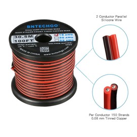 BNTECHGO 18 Gauge Flexible 2 Conductor Parallel Silicone Wire Spool Red Black High Resistant 200 deg C 600V for Single Color LED Strip Extension Cable Cord,Model,100ft Stranded Tinned Copper Wire