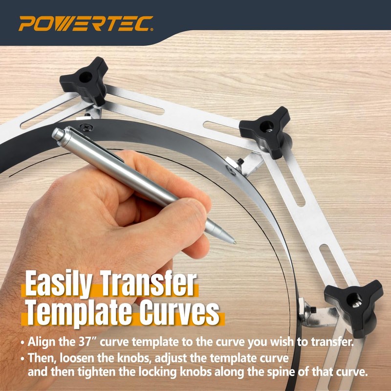 POWERTEC Flexible Curve Template Ruler 37", Wood Curve, Woodworking Profiling