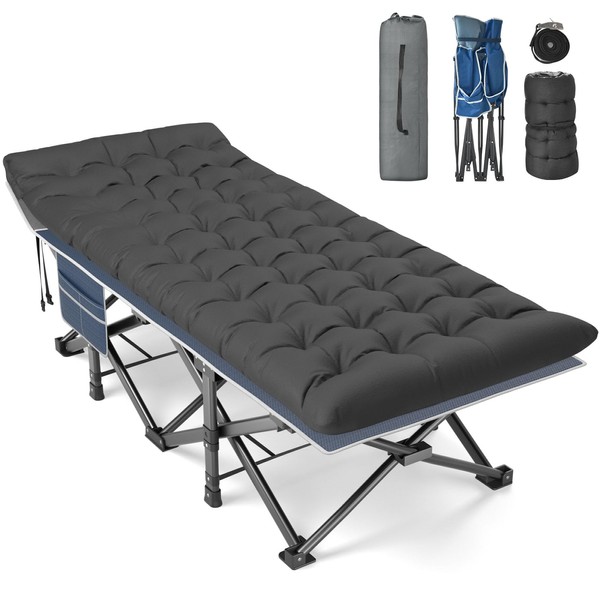 Slendor XXL Folding Camping Cot for Adults,79" L x 32" W x 19" H Camp Cot, Oversized Sleeping Cot with Mattress, Carry Bag, Strapping, Cot Bed for Tent, Office Support 500lbs, Blue Cot w/Black Pad