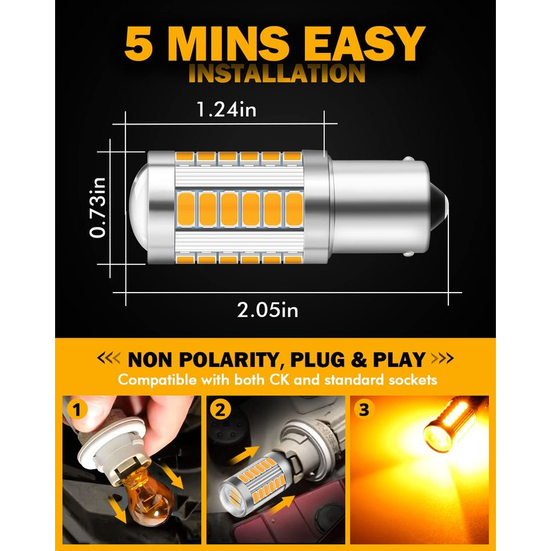 Auxbeam 1156 Turn Signal Bulbs, Super Bright Amber Yellow P21W