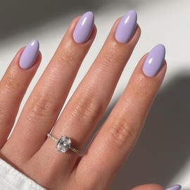 KQueenest Acrylic Press on Nails Short Oval, Lilac False Nails Short Almond, Glossy Solid Color Round Fake Nails Set, Reusable Natural Gel Stick on Nail for Women Finger Daily Wear 24 Pcs