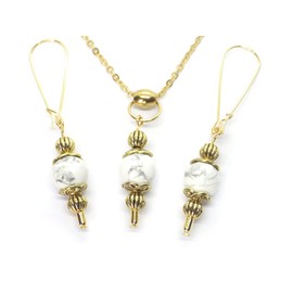 Vintage style stainless steel women's choker necklace and earrings jewelry set with white howlite pendant