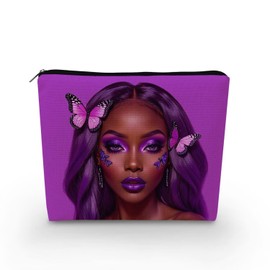 YULUENZE African American Lady Makeup Bag Cute Small Canvas Organizer Bag with Zipper Purple Butterfly Black Woman Cosmetic Bag Aesthetic Birthday Present for Women Sisters Friends