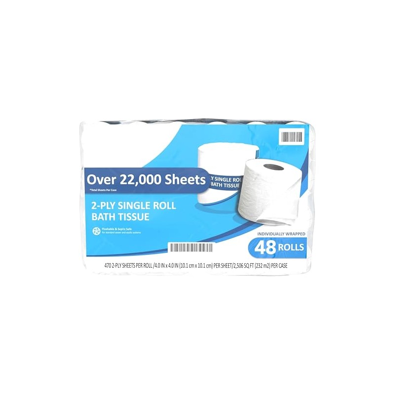 Bath Tissue, Standard Roll, 2-Ply, 4" x 4", 470 Sheets,