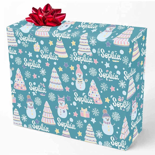 MyPupSocks Custom Christmas Wrapping Paper Snowman Snowflake and Pink Blue,