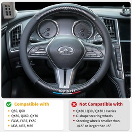 Carbon Fiber Leather Steering Wheel Cover for Infiniti Q50 Q60 QX50 QX60 QX70 FX35 FX37 FX50 M35 M37 M56, 14.5''-15" Non-Slip Breathable PU Leather Infiniti Interior Accessories