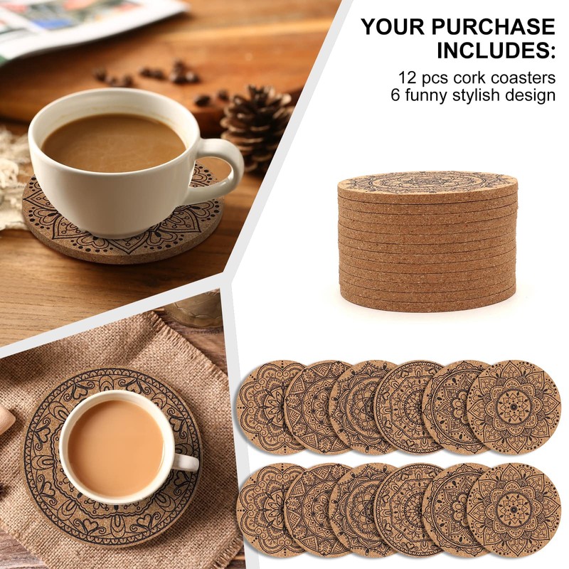 STARUBY Pack of 12 Coasters Indian Floral Pattern Cork Coasters