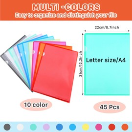 EXTRAPINS 45PCS Clear Colored Plastic Folders, 12.2" x 8.7", Clear Document Folders, Project Pockets, L-Type Plastic Sleeves for School Office Supplies (10 Colors)