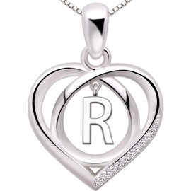 ALOV Jewelry Sterling Silver Initial Letter Alphabet Love Heart Cubic Zirconia Pendant Necklace (R)