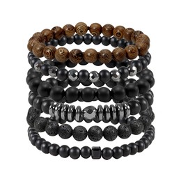 Eigso 6 Pcs Black Onyx Wood Beads Wristband Bracelets for Women Men Fashion Trend Matte Hematite Wristlets Bangles for Woman Man