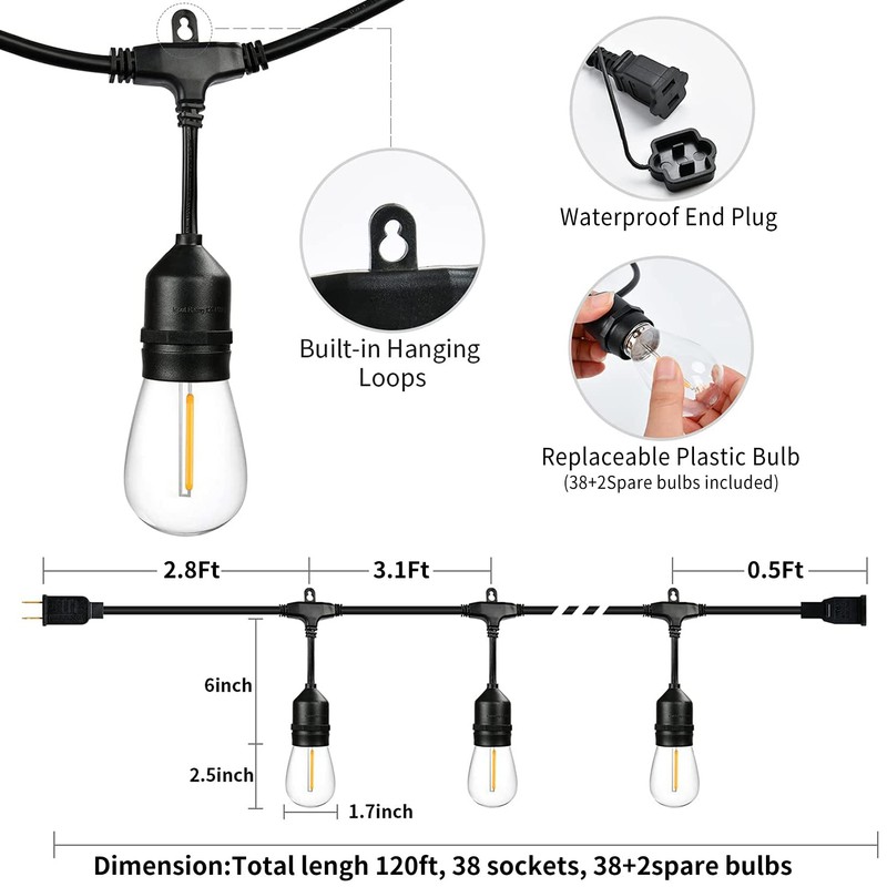 120 FT Outdoor String Lights LED Waterproof with 40 Shatterproof