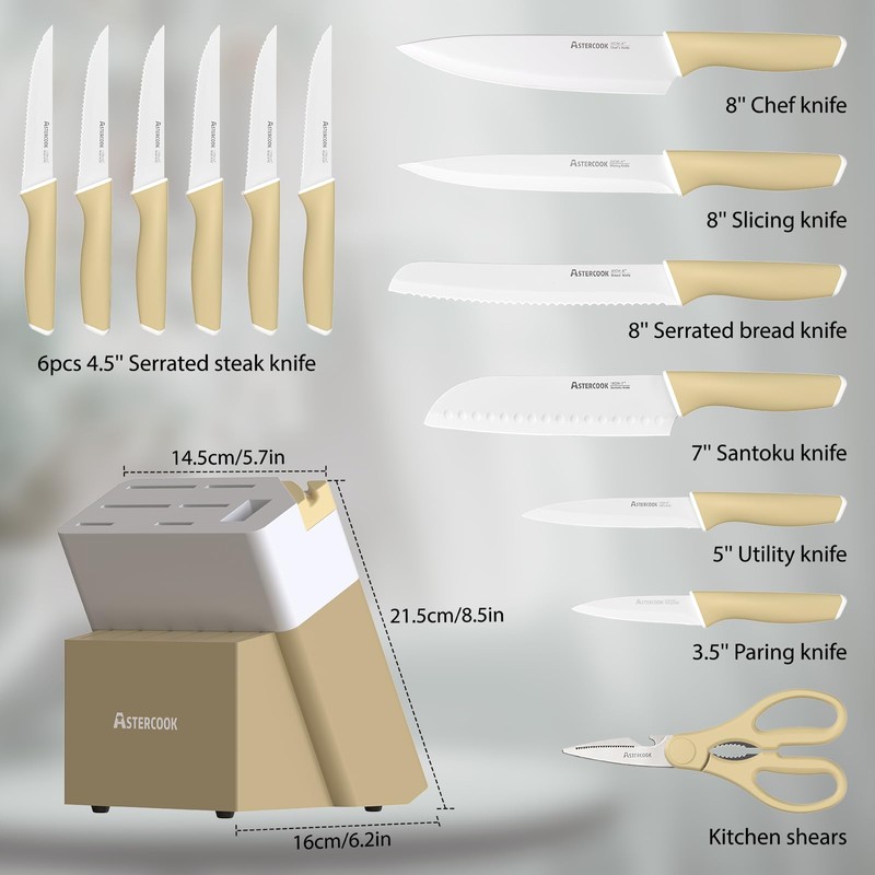 Astercook Knife Set Block and Sharpener 15 Pcs German Stainless