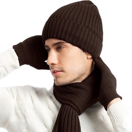 Winter Knitted Beanie Hat Long Scarf and Touchscreen Gloves Set Unisex Warm Fleece Lined Beanie Gloves Scarf for Women Men