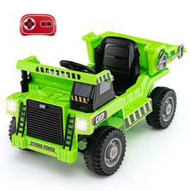HONEY JOY Ride on Dump Truck, 12V Electric Cars for Kids w/Dump Bed, Shovel, Music, LED Lights, Ride on Car with Remote Control, Battery Operated Ride On Construction Vehicle for Boys Girls (Green)