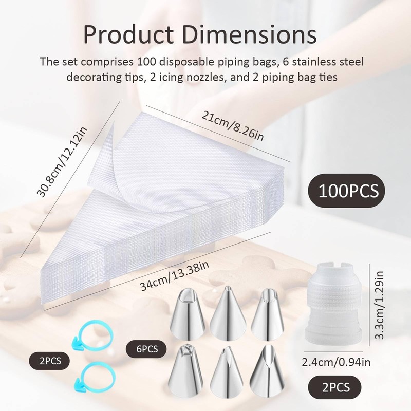 110Pcs Icing Piping Kit, Steel Tips, Disposable Piping Bags and