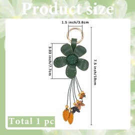 GORGECRAFT Genuine Leather Flower Keychain Boho Aesthetics Dark Green Floral Tassel Alloy Keyrings Charms Pendants Key Chains Accessories for Car Keys Wallet Bags Purse Rings DIY Decoration