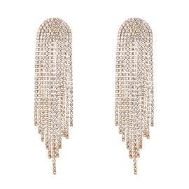 Flyonce Women Wedding Bridal Long Tassel Earrings, Sparkly Rhinestone Crystal Fringe Chain Chandelier Dangle Drop Earrings Gold-Tone