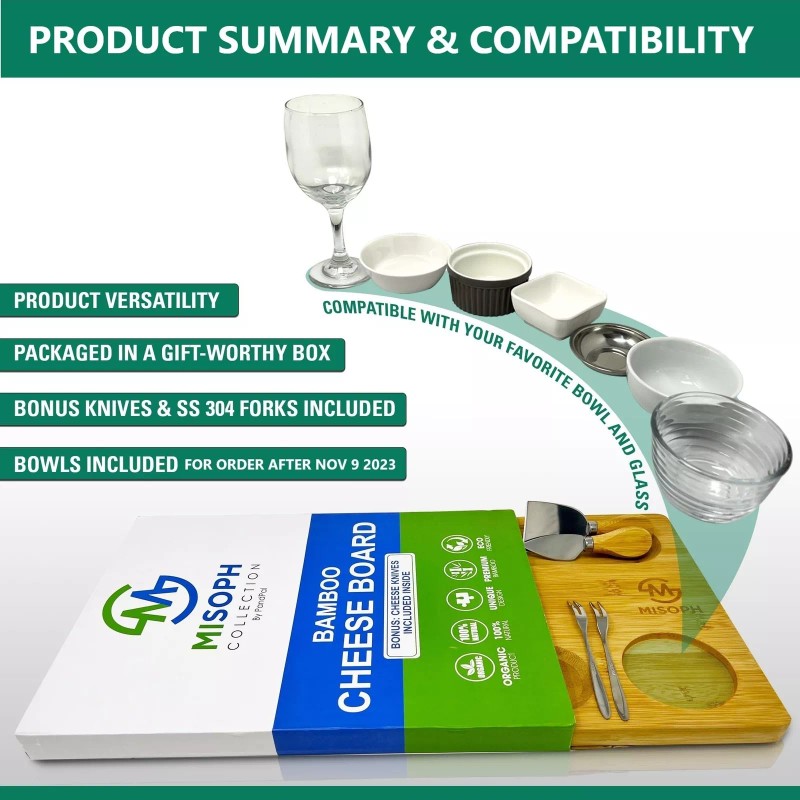 PandPal Bamboo Cheese Board with Knife, Bowl, Fork Set, Wood