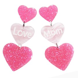 UAREBST Love Mom Heart Dangle Earrings for Women, Mother's Day Gifts Birthday Earrings, Triple Acrylic Love Drop Earring Glitter Dangle Earrings for Holiday Anniversary