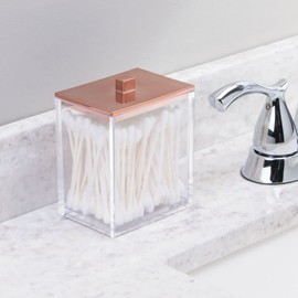 mDesign Plastic Bathroom Vanity Countertop Accessory Set - Includes,Soap Dispenser, Toothbrush Holder, Lidded Canister, and Tumbler Rinsing Cup; Lumiere Collection - Set of 4 - Clear/Rose Gold