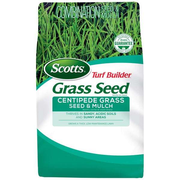 Scotts Turf Builder Grass Seed Centipede Grass Seed and Mulch- 5 lb., Grows in Sandy, Acidic Soils and Sunny Areas, Seed New Lawn or Overseed Existing Lawn, Seeds up to 2,000 sq. ft.