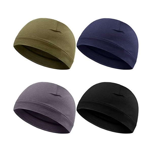 Syhood 4 Pieces Men Skull Caps Soft Cotton Beanie Sleep Hats Stretchy Helmet Liner Multifunctional Headwear for Men Women (Black, Gray, Army Green, Navy Blue)