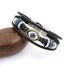 Hifunny Turkey Evil Eyes leather Bracelet Multi-Layer Evil Eyes braided Bracelet for Women Men Adjustable Blue Eye Beaded Bracelet Jewelry(Black)
