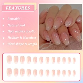 24Pcs Medium Length Press on Nails, Coffin False Nails French Tip Pink Gradient Fake Nails with Elegant Design, Glossy Removable Glue on Nails Set Ballerina Acrylic Stick on Nails for Women Girls