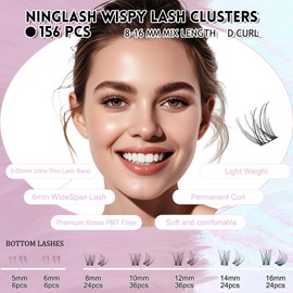 NINGLASH Vibes Lash Clusters Kit Wispy DIY Eyelash Extension Kit, Individual Lashes Kit Thin Band Natural Cluster Lashes 156 pcs, Lash Bond and Seal Lash Remover Lash Tweezers Comb Brush