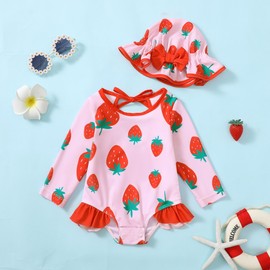Baby Girls One Piece Swimsuit Long Sleeve Newborn Infant Floral Bathing Suit+Hat 2Pcs 3-6 Months Strawberry Red